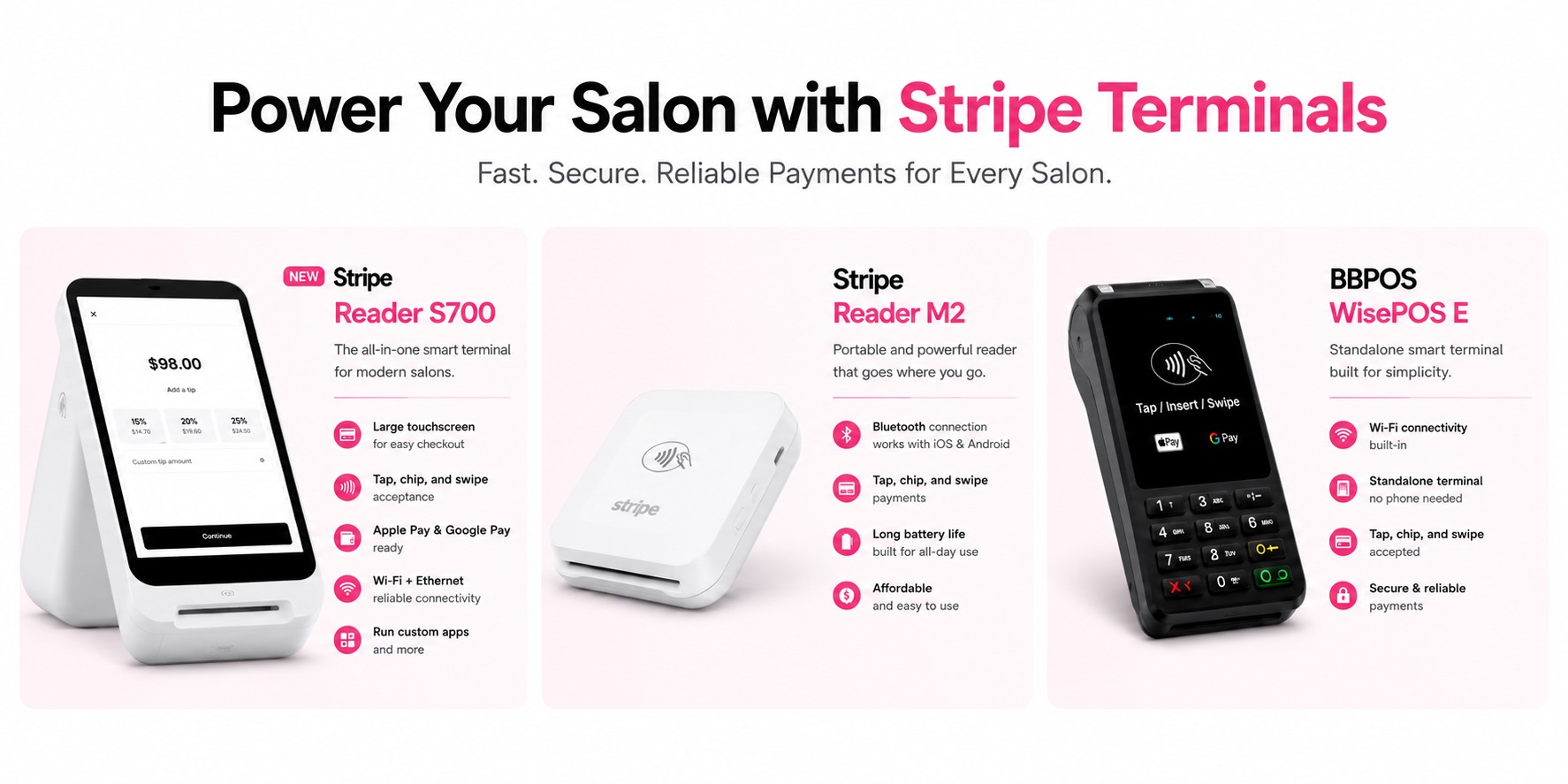 Stripe Terminal reader options for salon checkout with BookMyNails